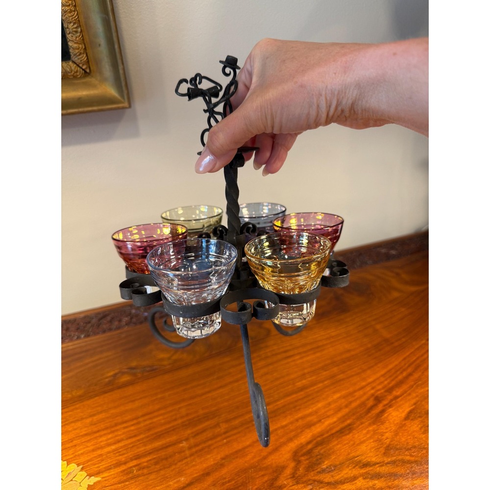 Vintage Cordial Glass Set • Dancing Couple Bar Caddy with 6 Colorful Glasses - Picture 15 of 17